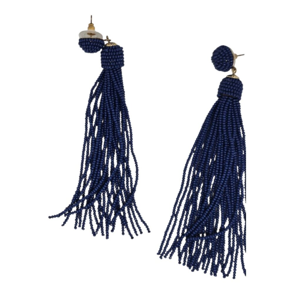 Beaded Tassel Drop Earrings With‎ Navy Blue Beads And Gold-Tone Posts - Picture 3 of 5